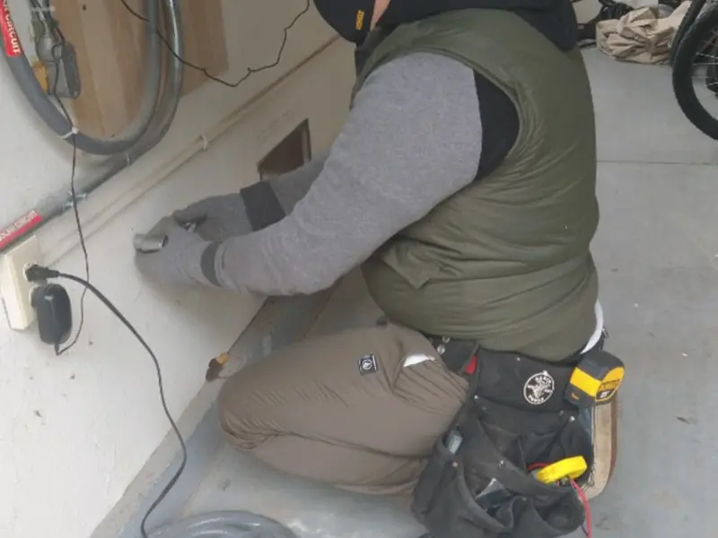 Electrician performing outlet wiring in a Shawano garage